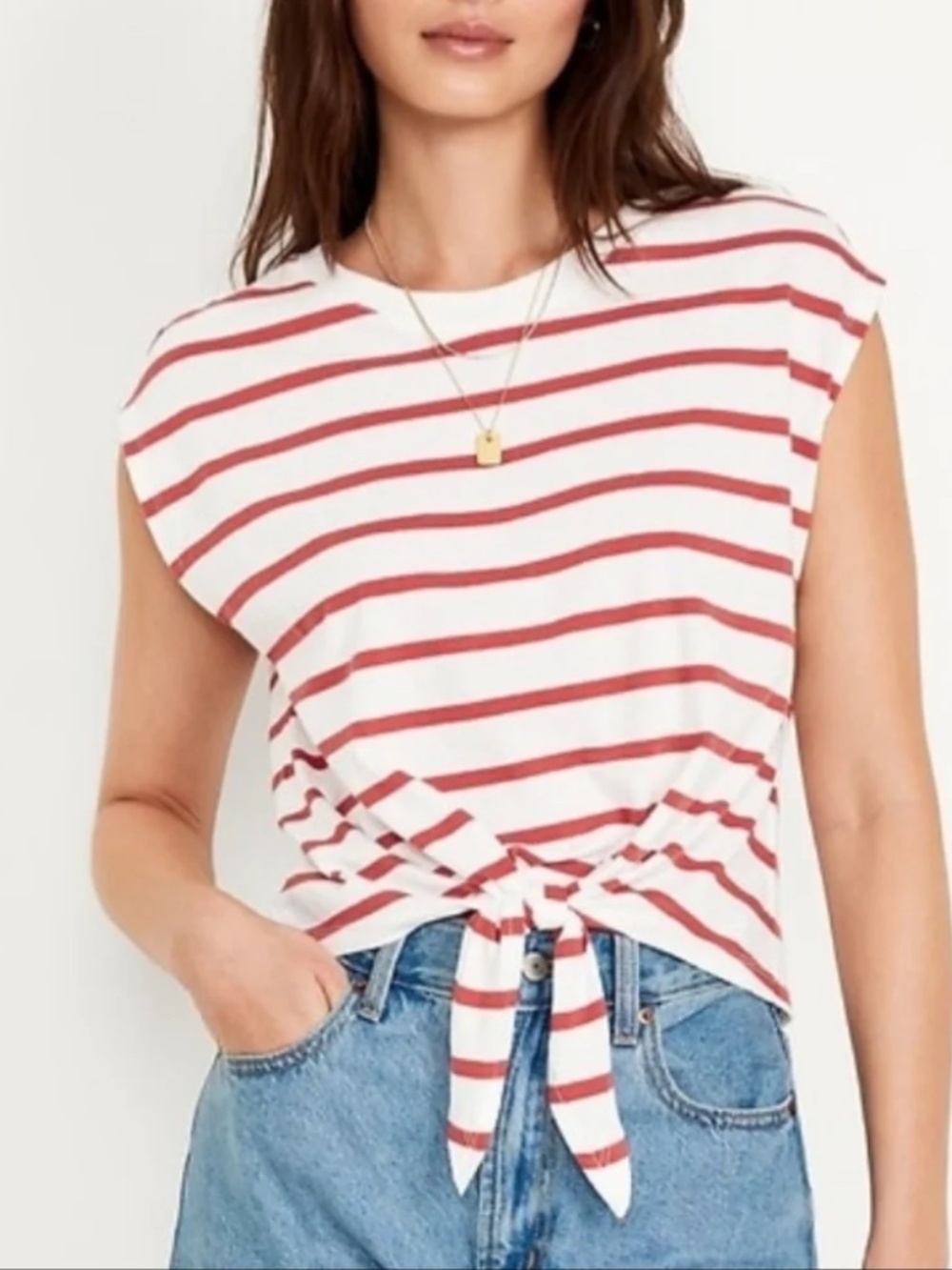 OLD NAVY - Women's Everywear Tie Front Cap Sleeve Top - Rust/White Stripe - M